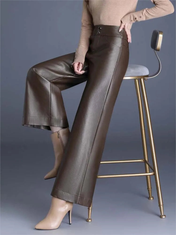 GLOSSY LEATHER WIDE LEG PANTS