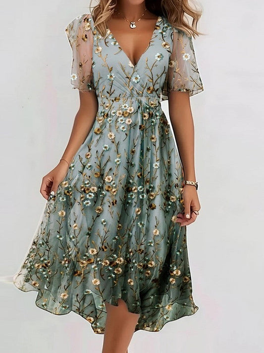 AMELIA™ | BLUE V-NECK SHORT SLEEVE MIDI DRESS